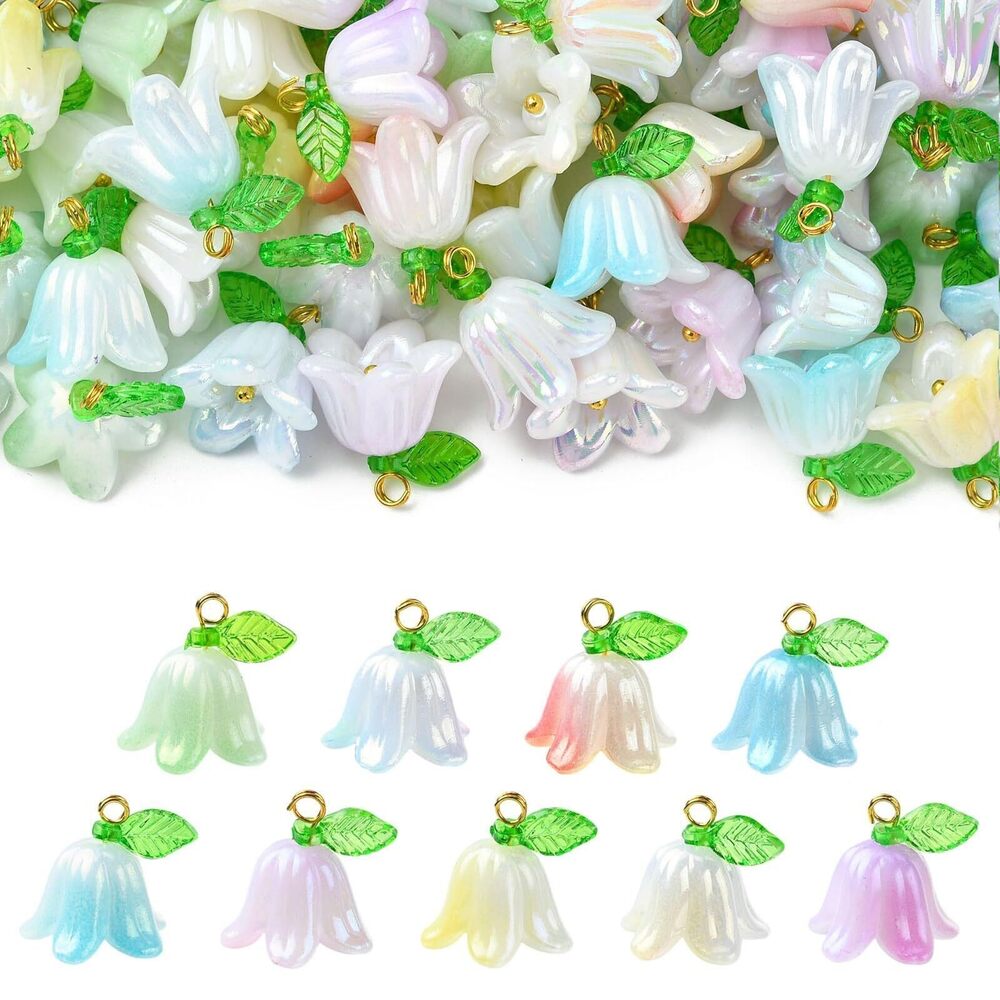 2444 90 pcs 9 Colors Lily of The Valley Acrylic Charms with Leaf Orchid